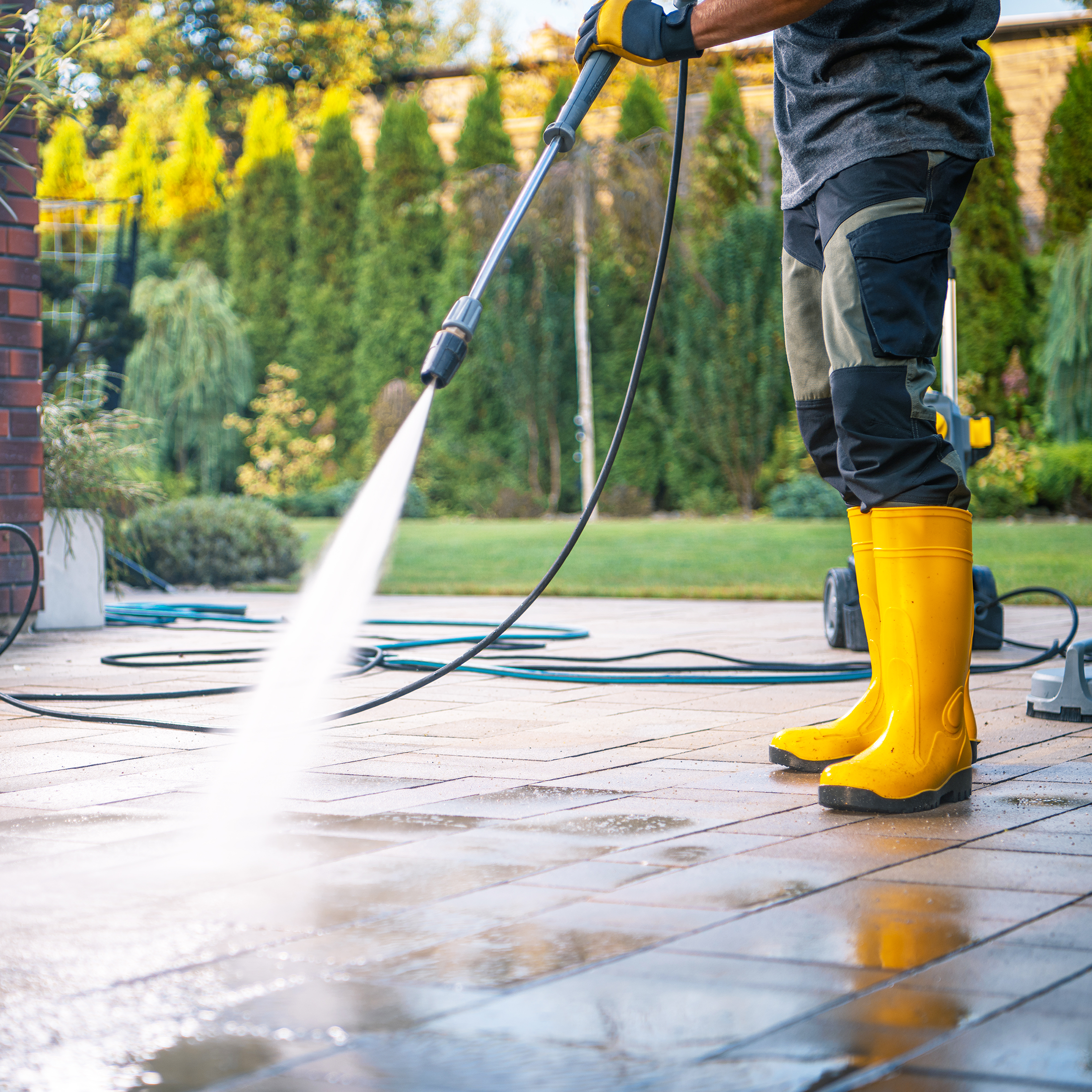 Jet washing driveway removing dirt and moss